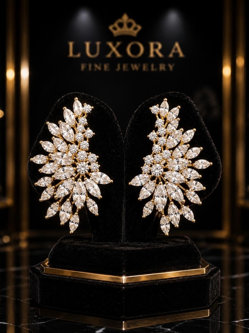 Gold and White Crystal Leaf Cluster Earrings
